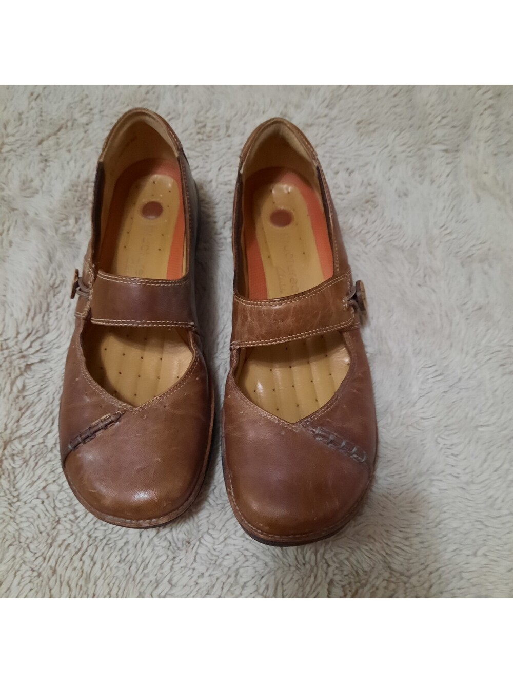 Clark’s Unstructured Comfort Brown Leather Flat Shoes Mary Jane Wm Sz 8